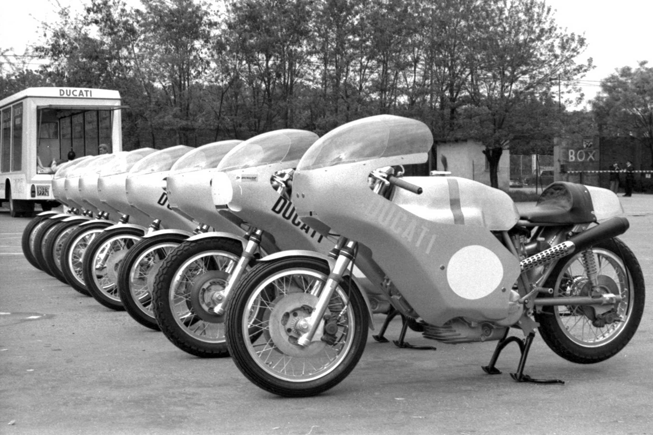 1972 and seven Ducati 750SS arrive at Imola in a glass-sided transporter. Photo: Cycle World